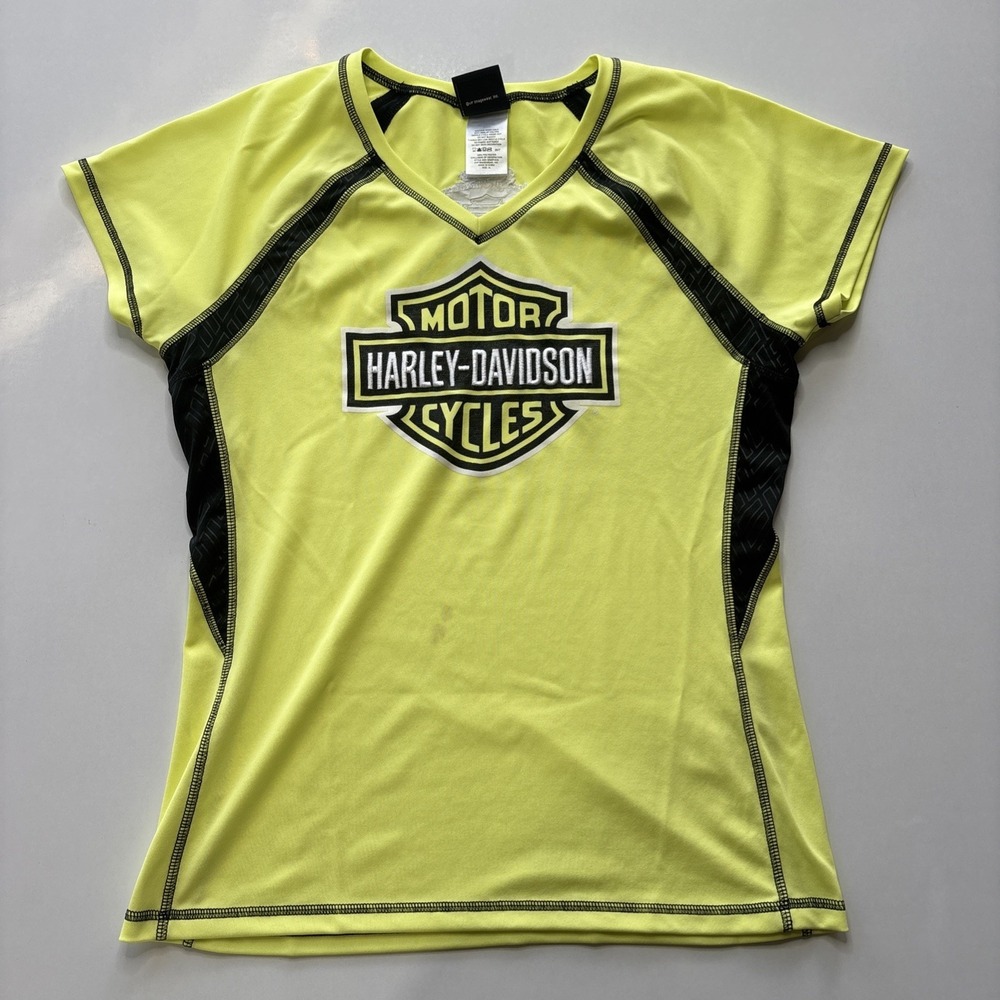 Womens Harley Davidson Big Logo Yellow Short Sleeve Shirt Gainesville FL Size XL